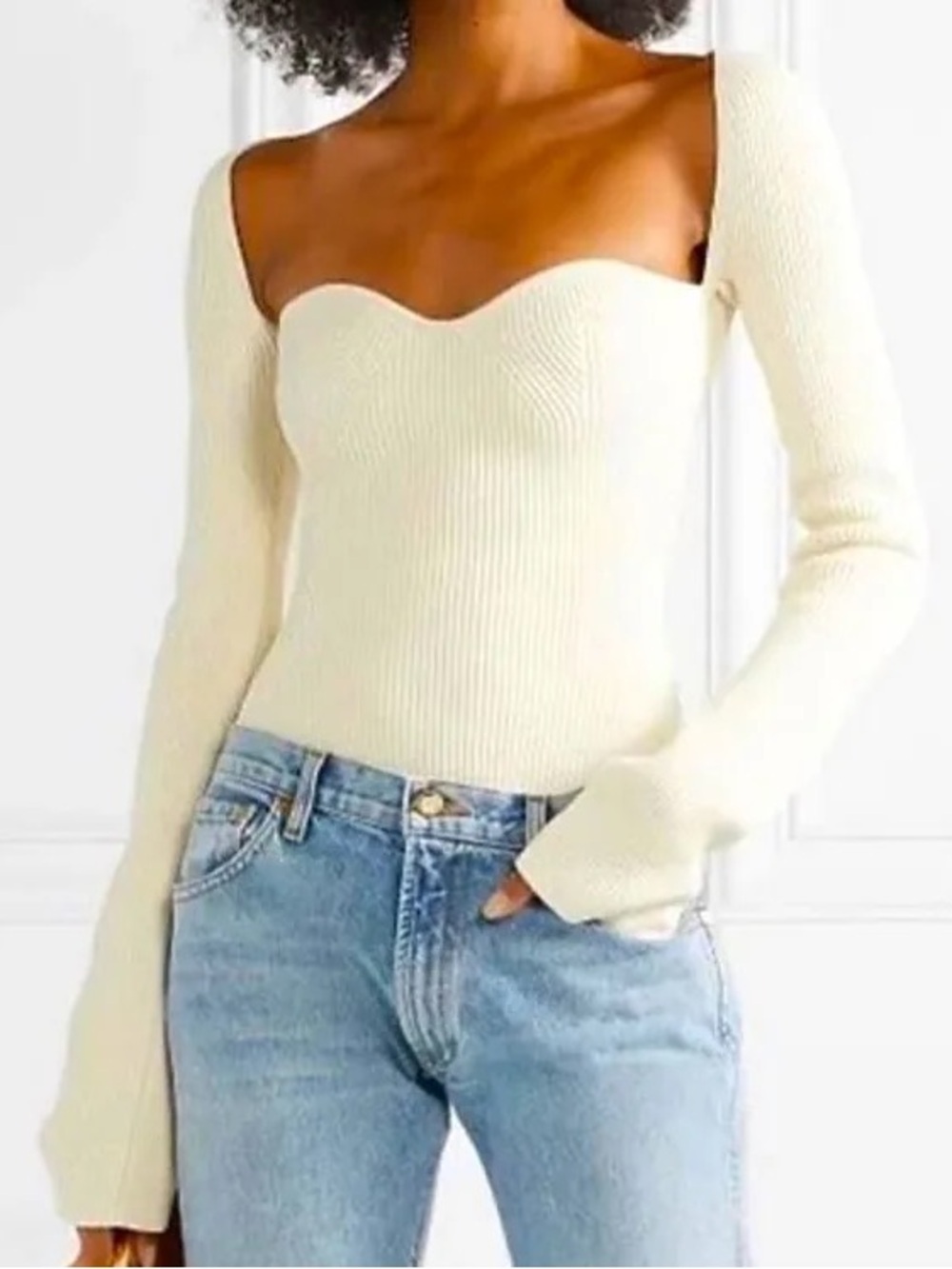 Cream Off-Shoulder Sweetheart Ribbed Sweater